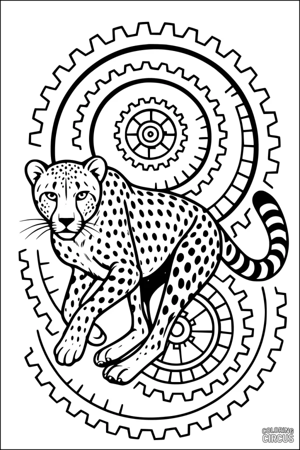 Coloring page cheetah with steampunk gears background for kids