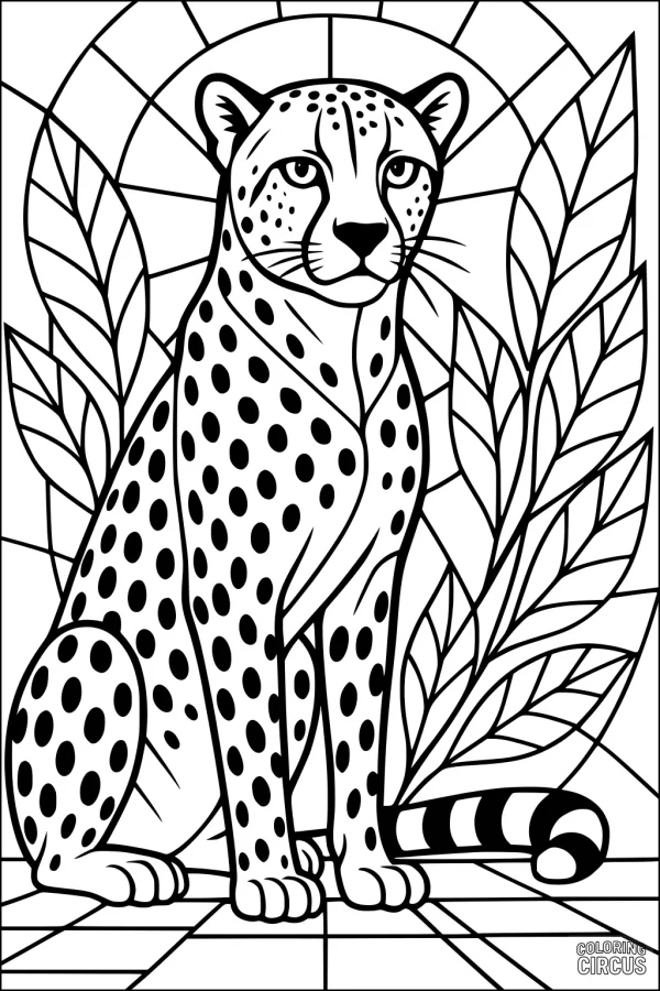 Coloring page cheetah sitting with large leaf background and sunburst shapes
