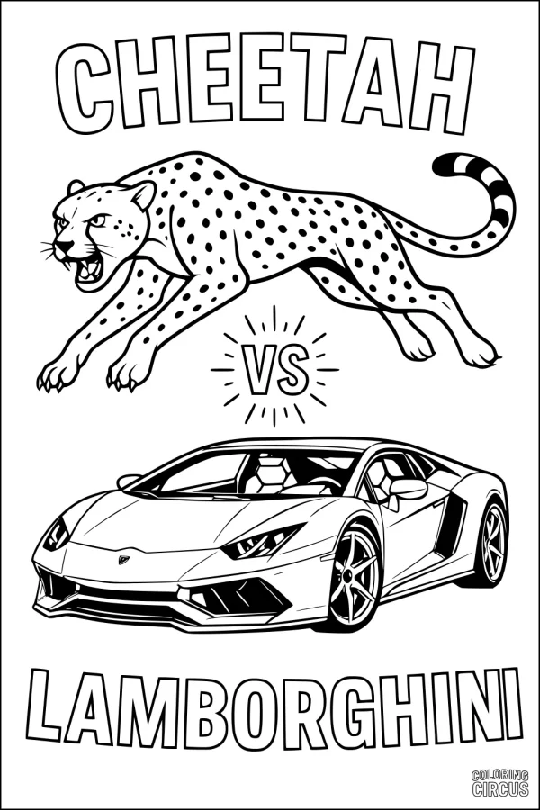 Coloring page featuring a running cheetah and a Lamborghini car side by side with bold text