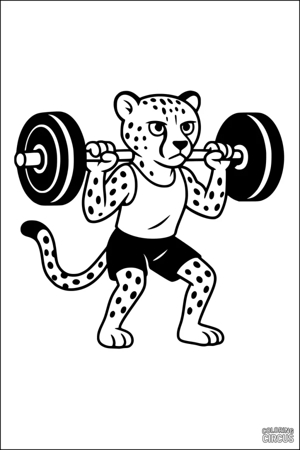 Coloring page of a cartoon cheetah lifting weights, wearing gym clothes