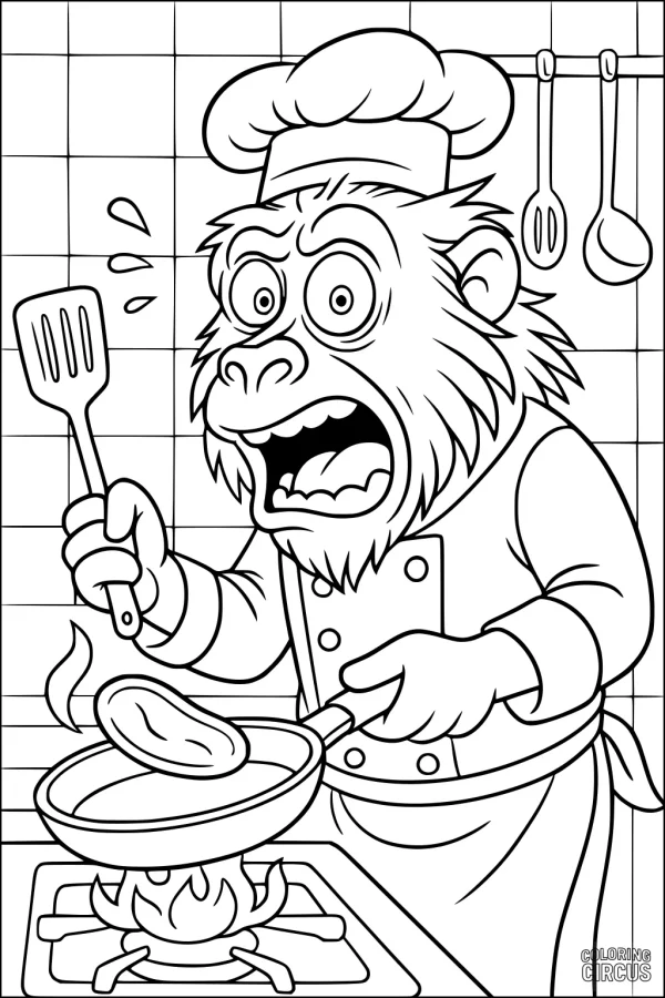 Coloring page featuring a cartoon baboon chef flipping a pancake in a busy kitchen