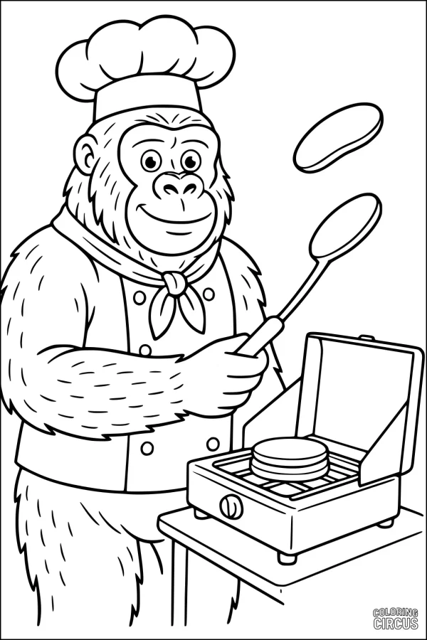 Coloring page of a smiling gorilla chef flipping pancakes at a stove