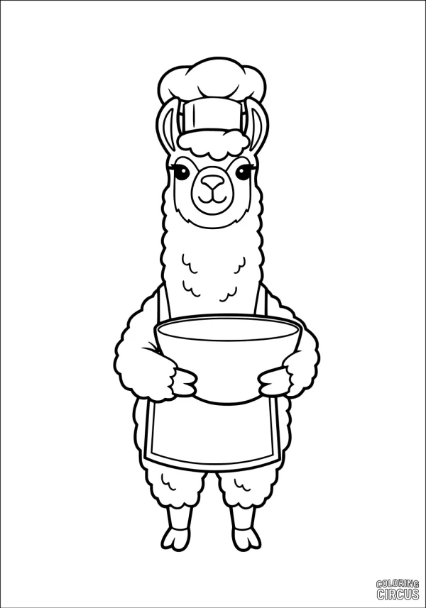 Coloring page of a cute llama chef with apron and bowl
