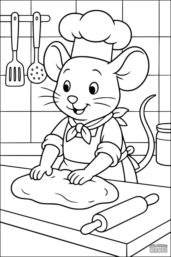 Coloring page of a cartoon chef mouse kneading dough in a kitchen