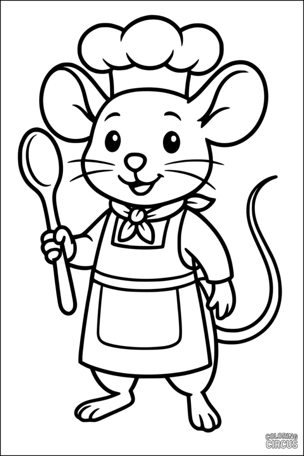 Coloring page featuring a cartoon mouse chef holding a spoon and wearing an apron and chef hat