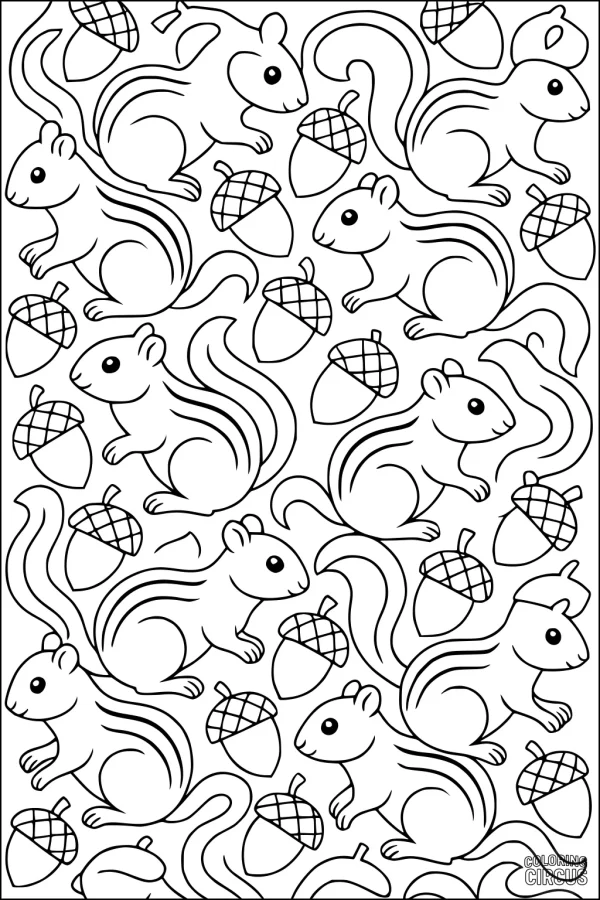 Coloring page featuring multiple chipmunks with striped tails and scattered acorns in a repeating pattern