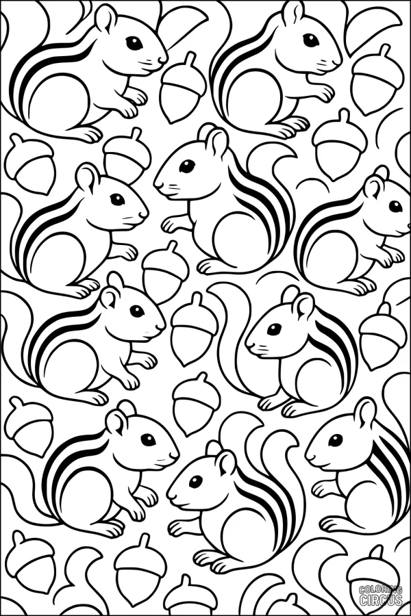 Coloring page with cartoon chipmunks and acorns pattern for kids
