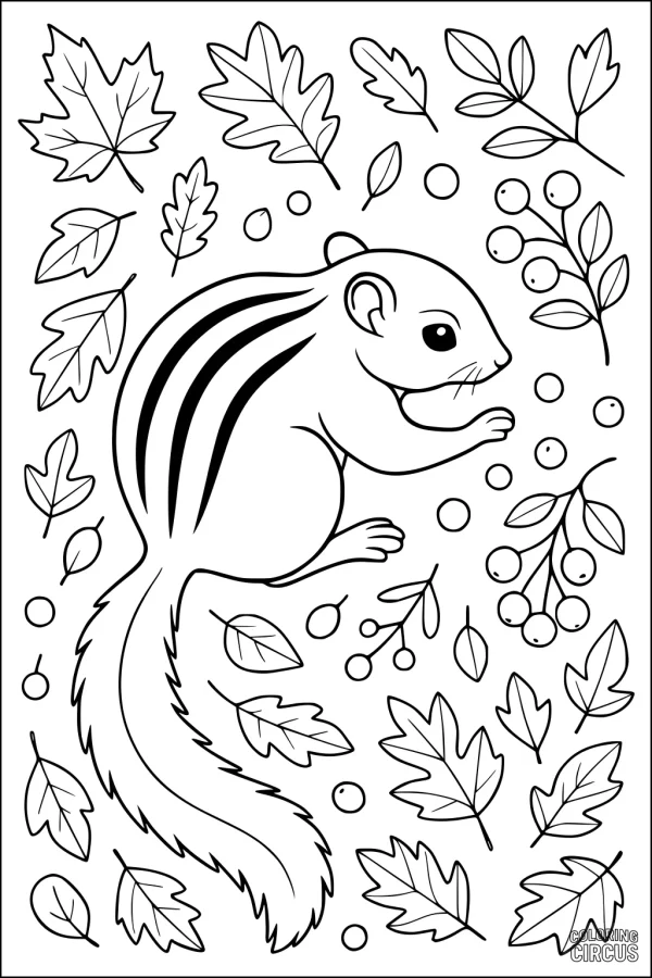 Coloring page featuring a chipmunk surrounded by autumn leaves and berries