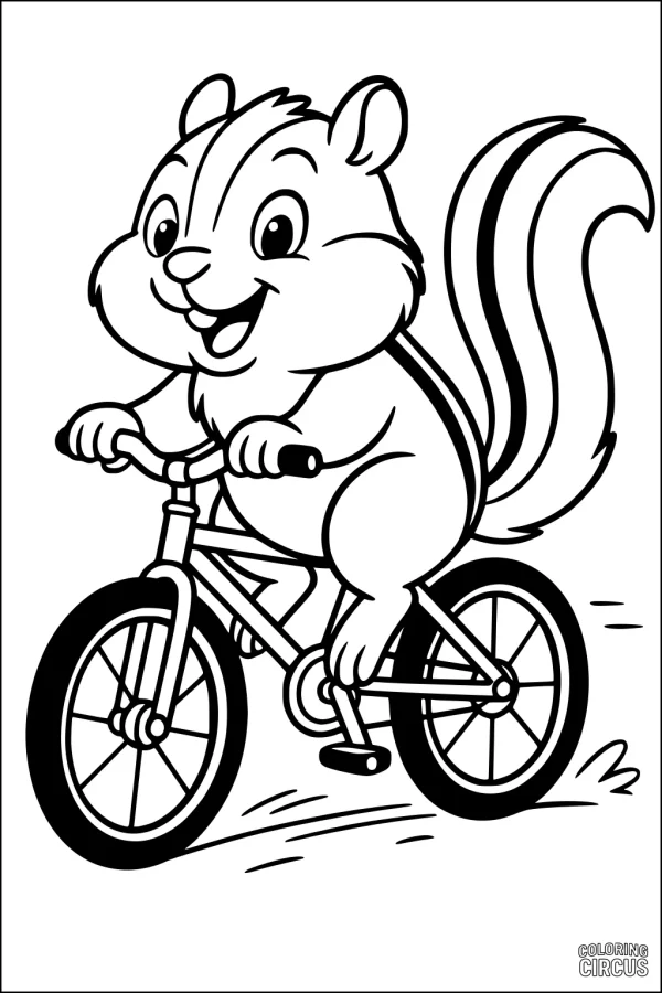 Coloring page of a happy chipmunk riding a bike, cartoon style, ideal for young children