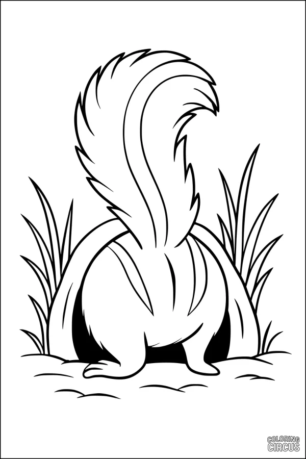 Coloring page of a chipmunk with its tail and back end visible as it enters a burrow surrounded by grass