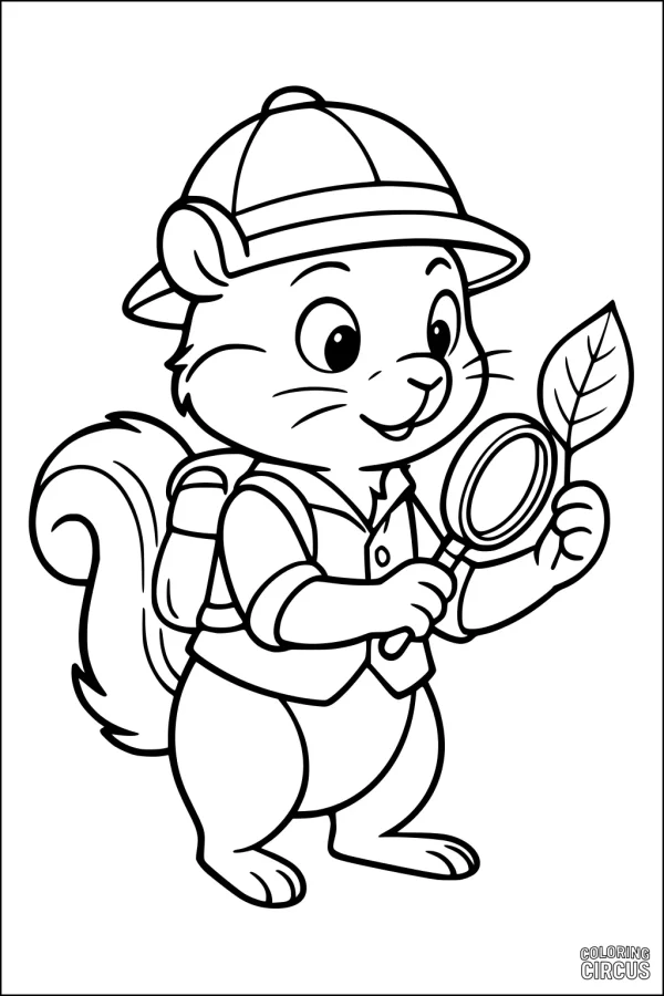 Coloring page chipmunk cartoon explorer with magnifying glass and leaf