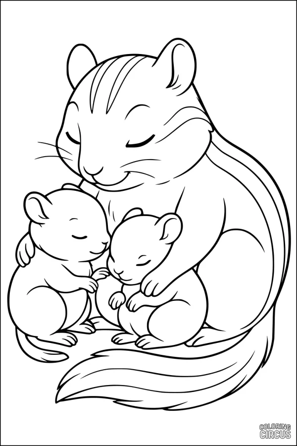 Coloring page featuring a chipmunk mother cuddling two baby chipmunks