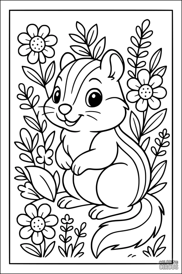 Coloring page featuring a cute chipmunk surrounded by flowers and leaves in a garden setting