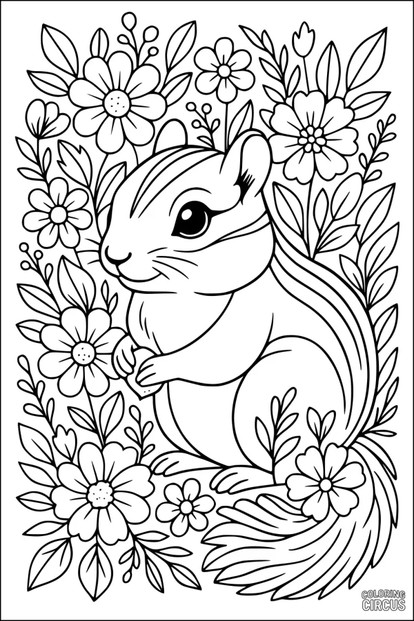 Coloring page featuring a chipmunk surrounded by flowers and leaves