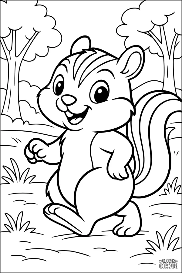 Coloring page showing a cheerful chipmunk walking in a forest with trees and grass