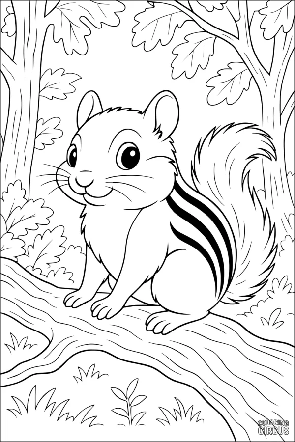Coloring page showing a cute chipmunk sitting on a log in a forest with trees and leaves