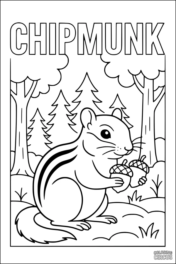 Coloring page with a chipmunk holding acorns in a forest setting with trees and grass