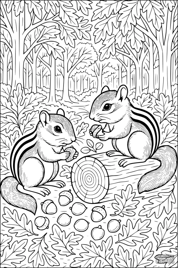 Coloring page showing two chipmunks with acorns in a forest with trees and leaves