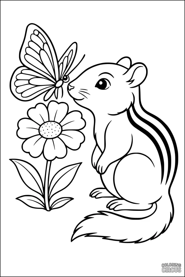 Coloring page of a chipmunk with a butterfly and flower, easy design for young children.