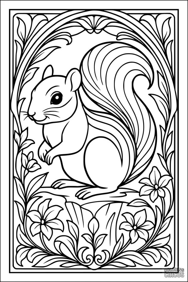 Coloring page of a chipmunk framed by flowers and leaves, suitable for kids