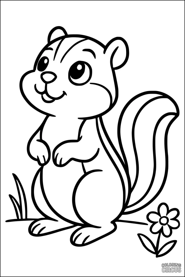 Coloring page featuring a smiling cartoon chipmunk standing beside grass and a flower