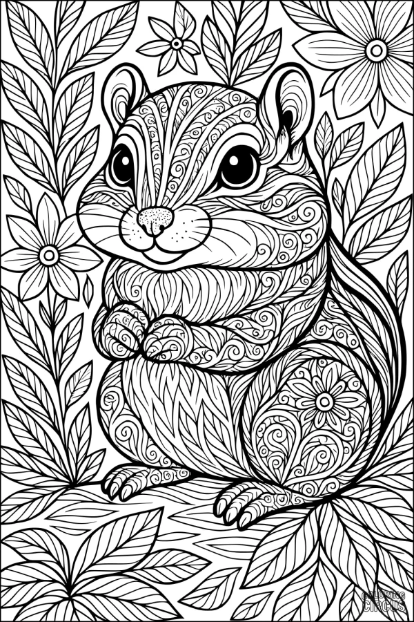 Coloring page featuring a patterned chipmunk among detailed flowers and leaves
