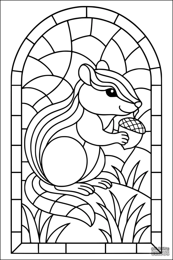 Coloring page of a chipmunk holding an acorn in a garden window scene with mosaic background