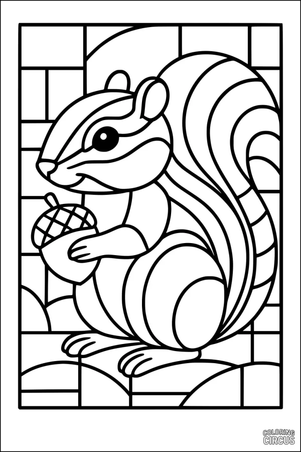 Coloring page featuring a chipmunk holding an acorn with geometric background