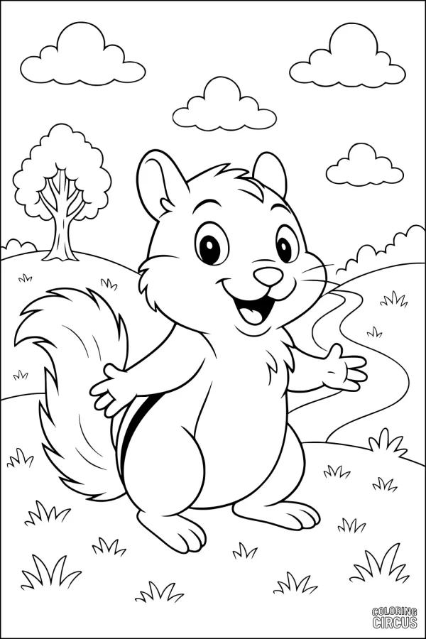 Coloring page featuring a smiling cartoon chipmunk standing in a sunny meadow with clouds and a tree in the background