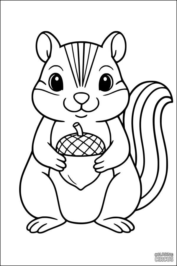 Coloring page featuring a cute chipmunk holding a large acorn, perfect for young children.