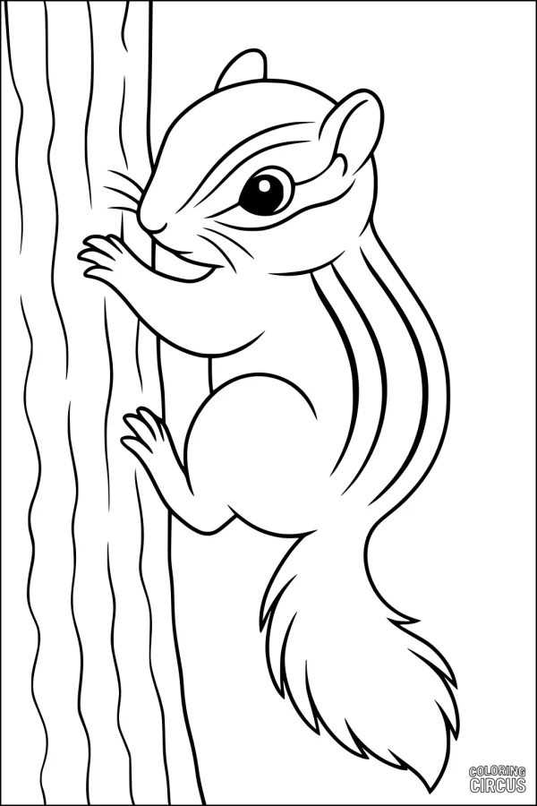 Coloring page of a cute chipmunk climbing a tree for kids