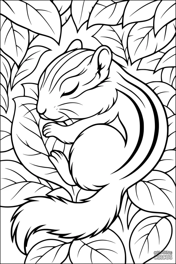 Coloring page of a cute chipmunk sleeping on a bed of leaves
