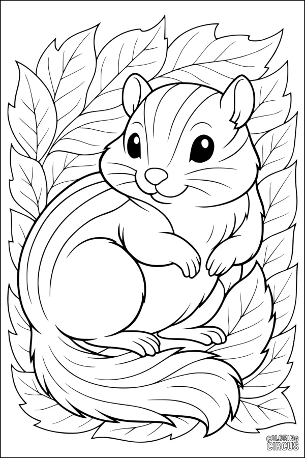 Coloring page featuring a cute chipmunk nestled among large leaves, perfect for young children