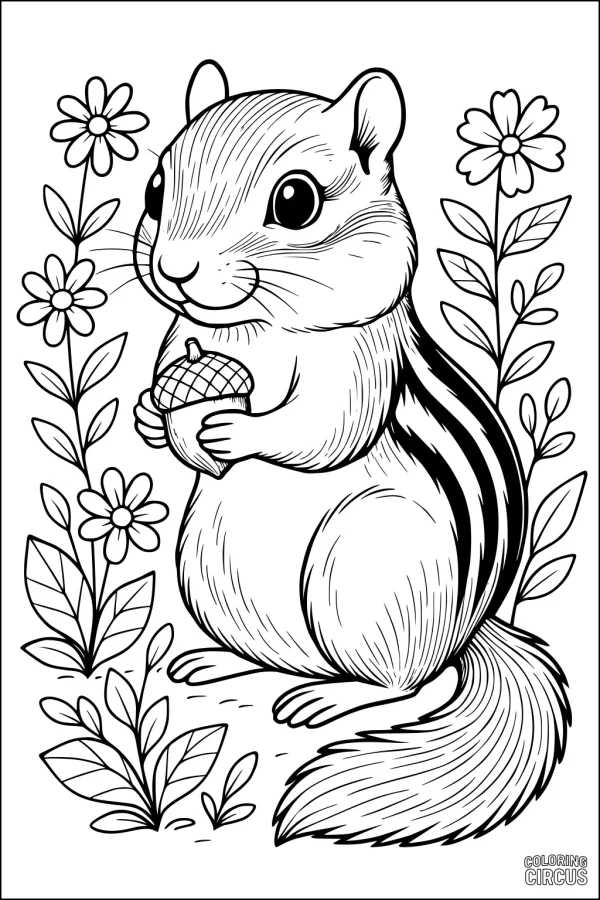Coloring page showing a cute chipmunk holding an acorn surrounded by flowers and leaves