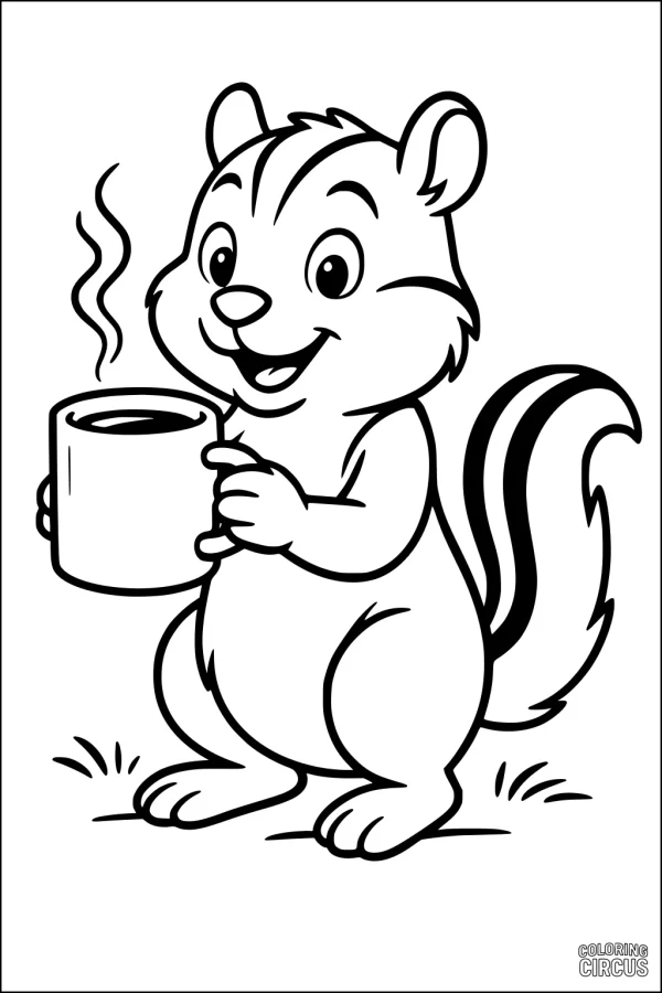Coloring page cheerful cartoon chipmunk holding a mug