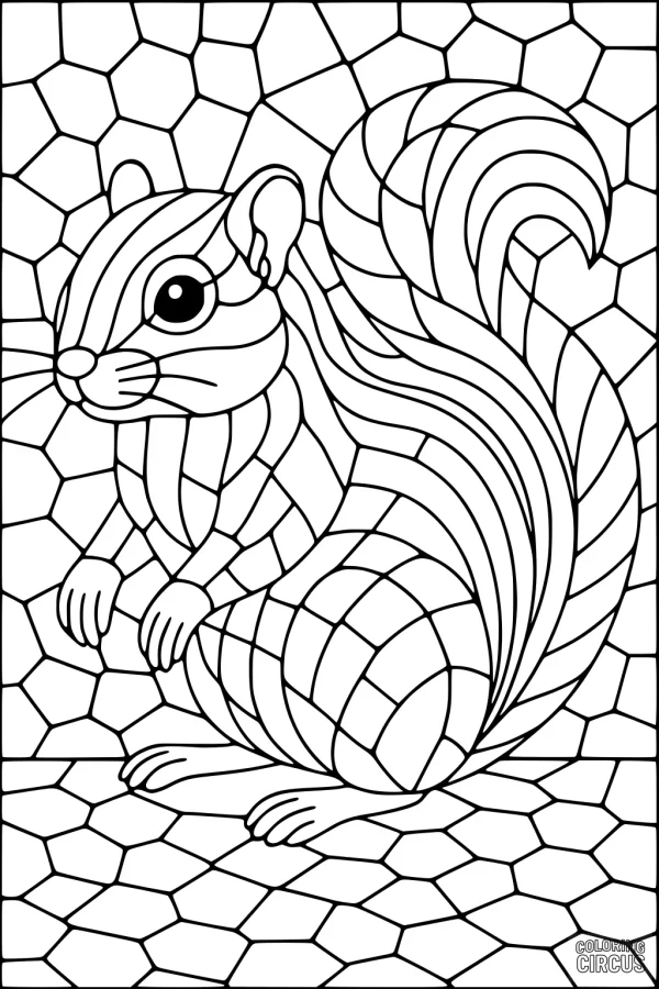 Coloring page of a chipmunk surrounded by a mosaic pattern for kids