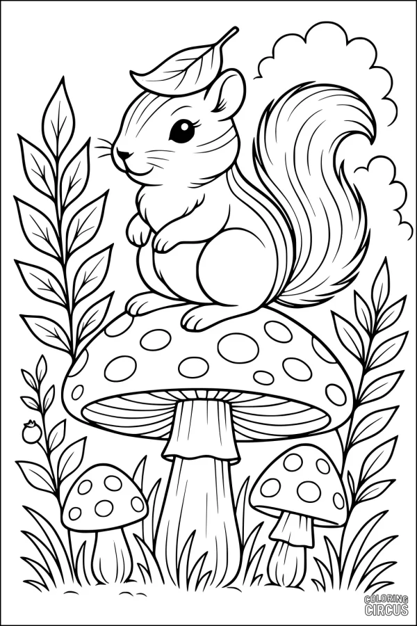 Coloring page featuring a cute chipmunk sitting on a large mushroom with plants and smaller mushrooms in the background