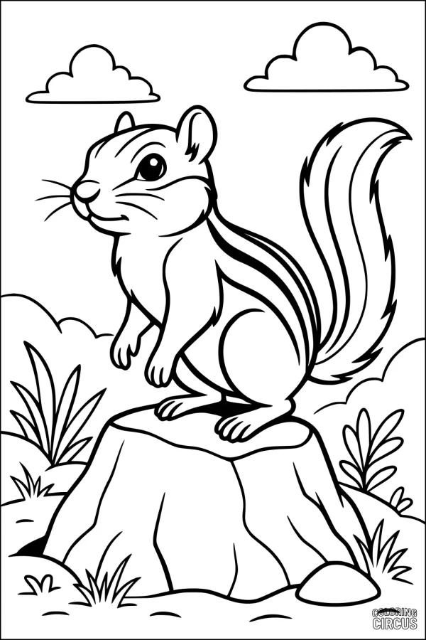Coloring page of a chipmunk perched on a stump with plants and clouds in the background