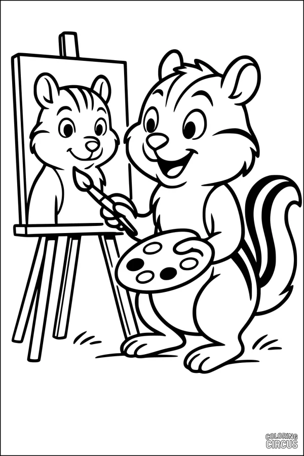 Coloring page of a happy chipmunk painting its self-portrait on an easel in a simple cartoon style
