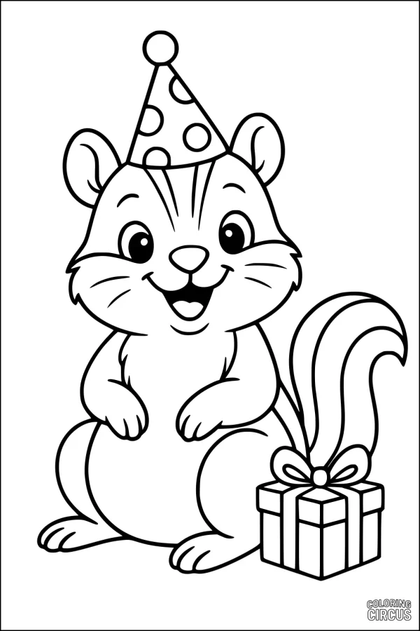 Coloring page of a cute chipmunk wearing a party hat and sitting beside a wrapped gift