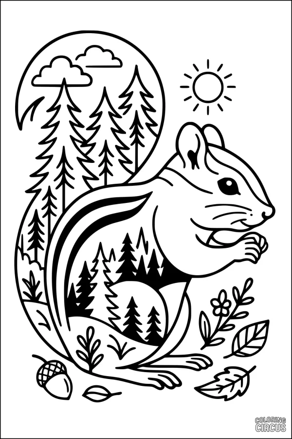 Coloring page chipmunk sitting with pine trees and nature background