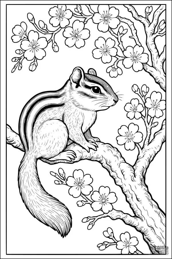 Coloring page of a chipmunk perched on a blossoming tree branch with flowers