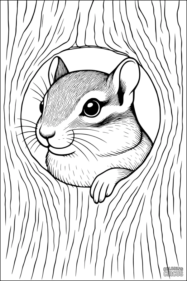 Coloring page featuring a chipmunk peeking out of a tree hollow with textured bark details
