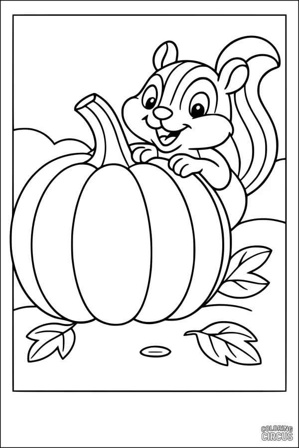 Coloring page with a cute chipmunk hugging a large pumpkin, surrounded by leaves
