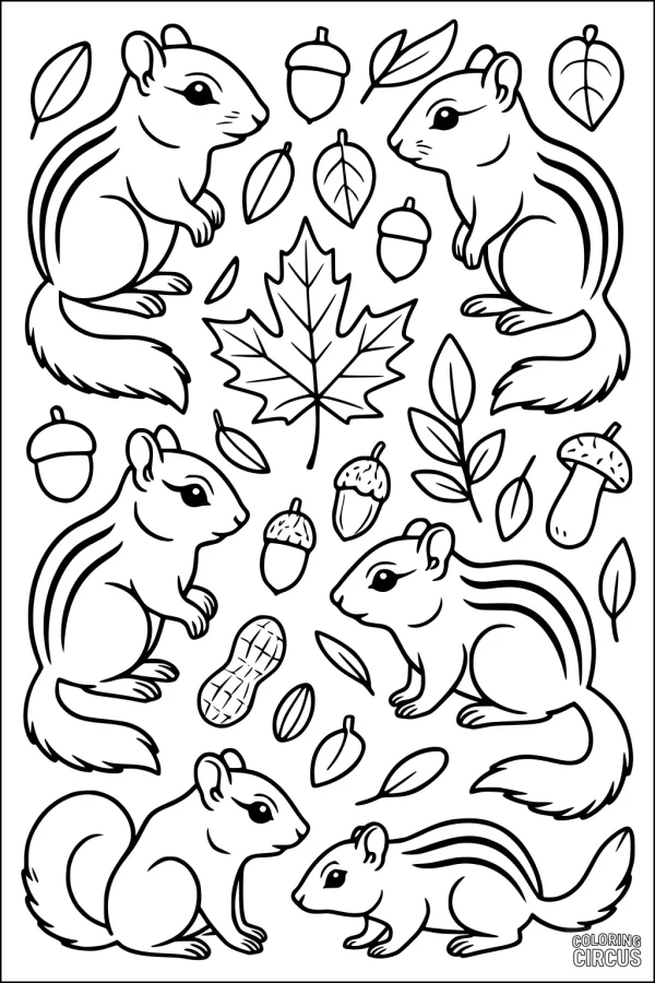 Coloring page featuring playful chipmunks, forest leaves, acorns, nuts, and a maple leaf for kids
