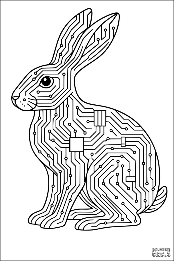 Coloring page of a hare with detailed circuit board patterns and microchip designs