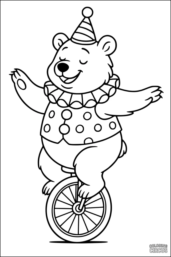 Coloring page of a cute circus bear riding a unicycle with a festive outfit and hat