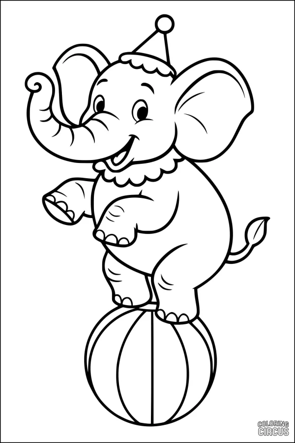 Coloring page of a cute cartoon elephant with a party hat, balancing on a striped ball