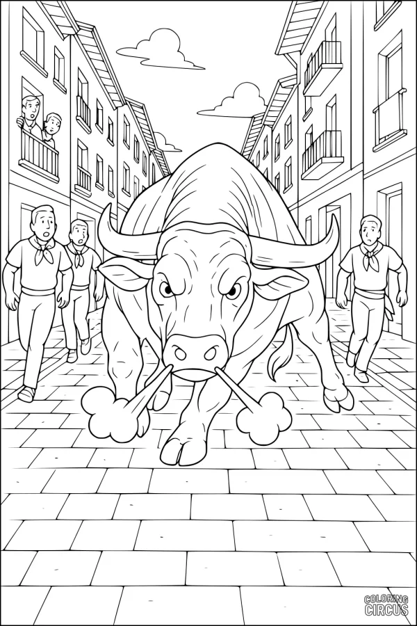 Coloring page showing a bull running through a city street with people watching from balconies and running behind