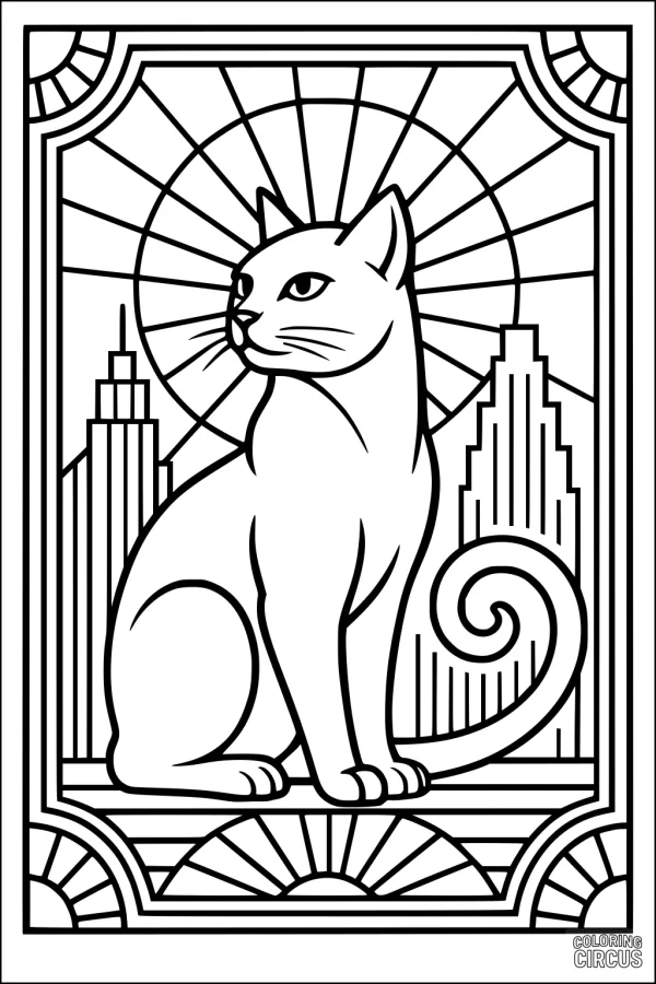 Coloring page of a poised cat with city skyscrapers and a sunburst background in an art deco frame